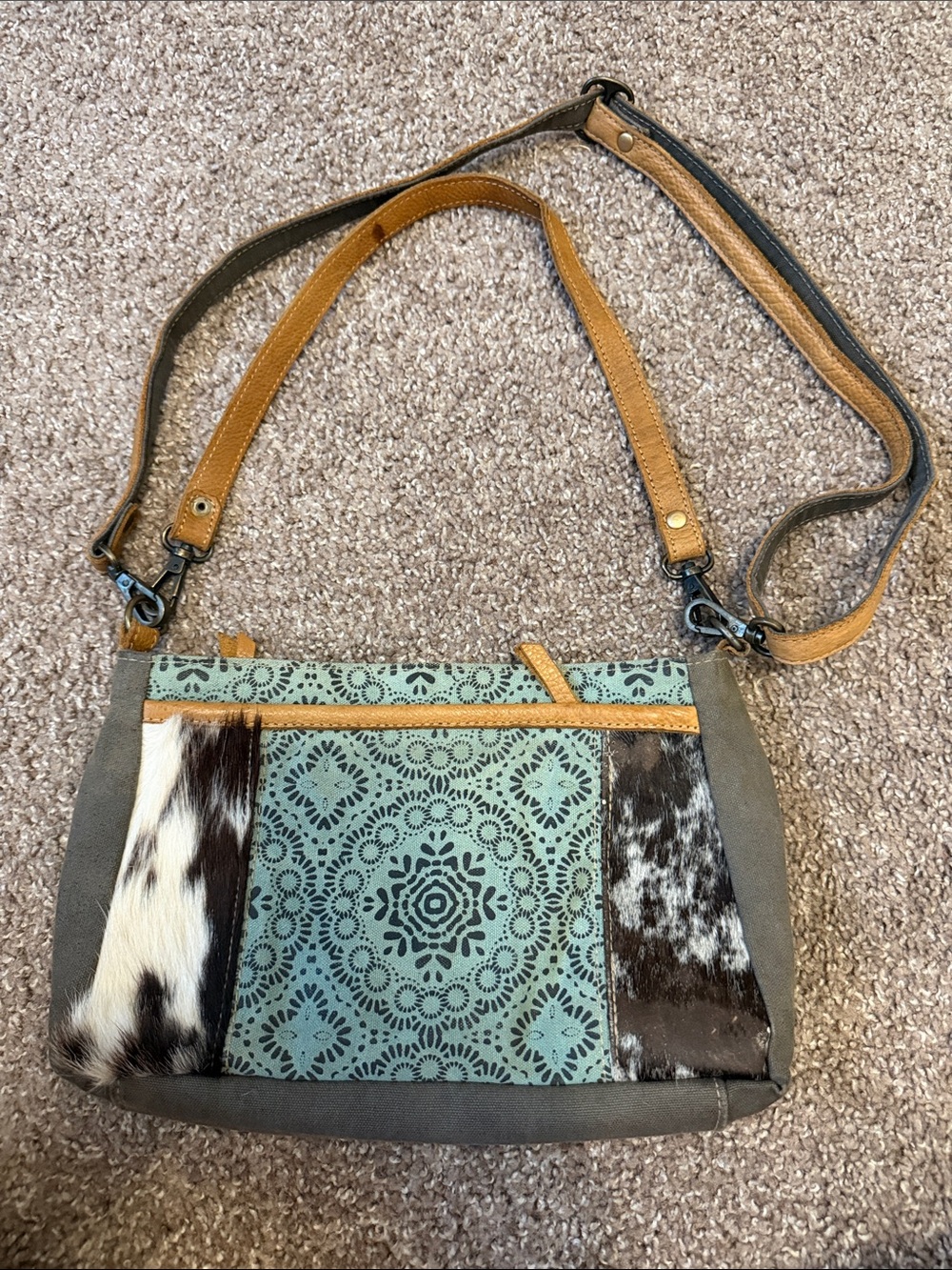 Myra Bag Teal, Tan and Brown Patterned Crossbody